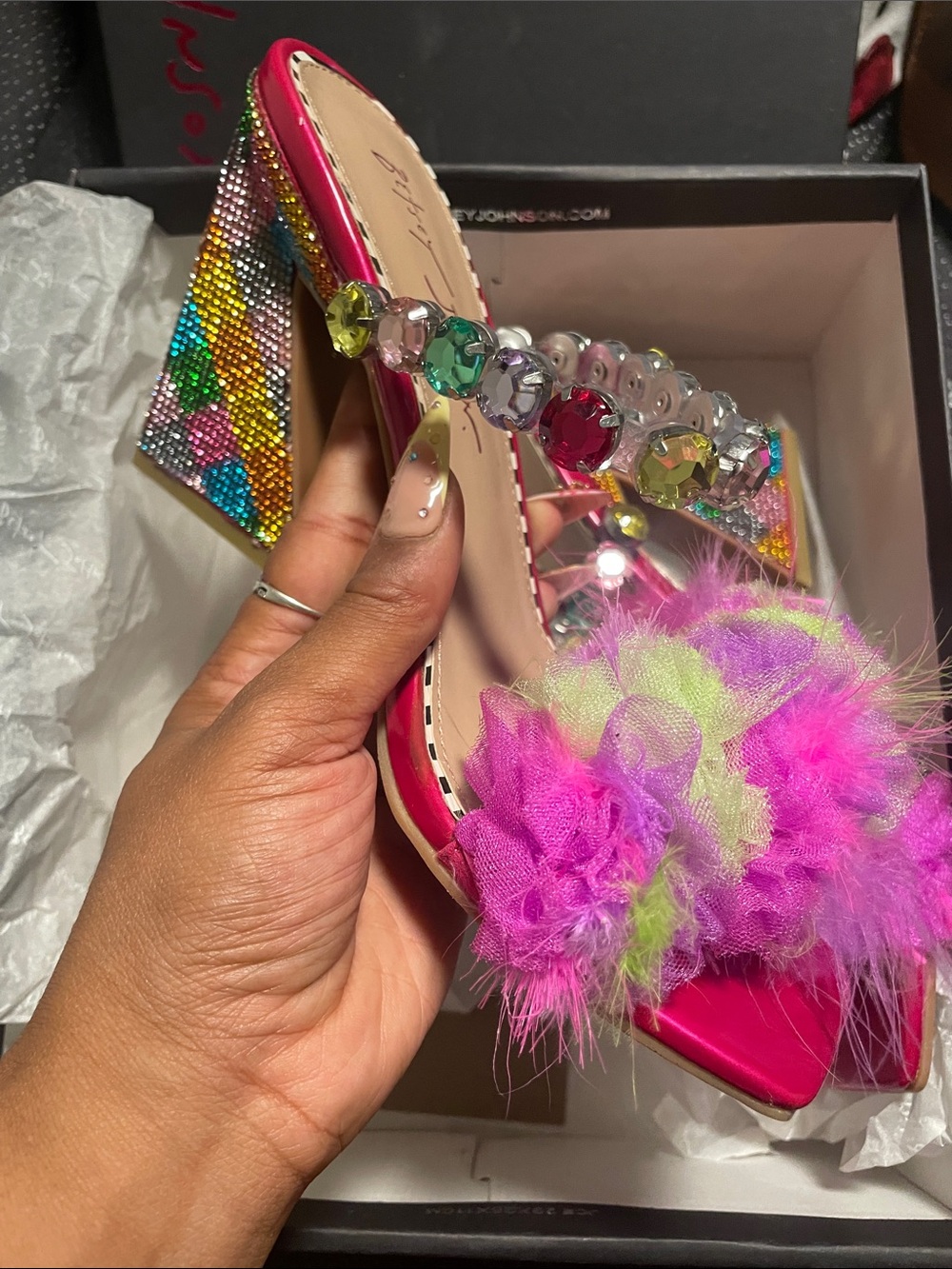Betsey Johnson Pink Multicolor Gem & Pom Wedge Sandals - Picture 2 of 3